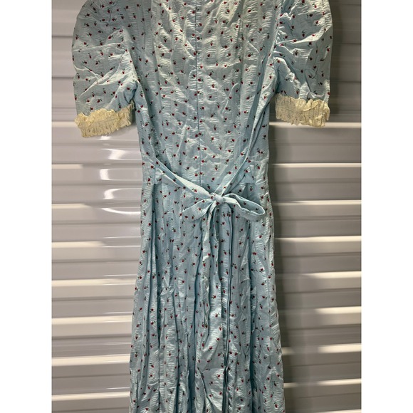 Vintage 1940's Seersucker Rose Floral Maxi Dress Lace Trim Prairie Cottagecore - Picture 4 of 7